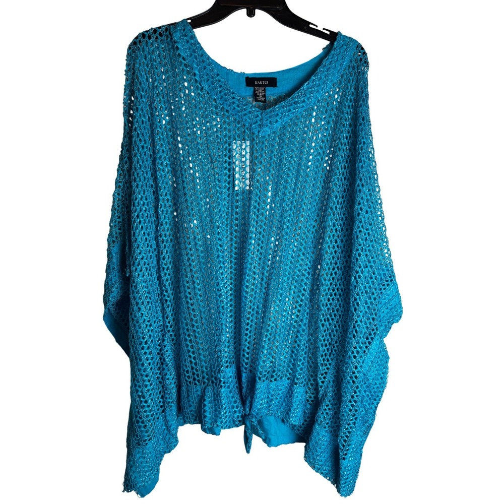 Kaktus Turquoise Blue Crochet Knit Kaftan Poncho Top Plus Size 3X NWT
